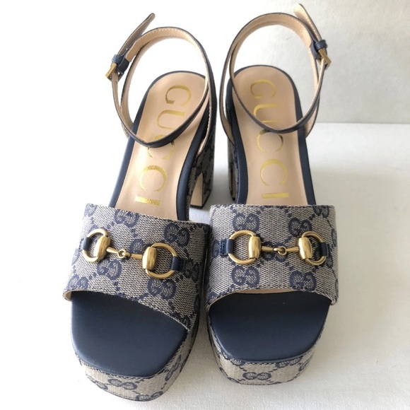 Gucci Blue Monogram Platform Heels With Horse Bit Size 38 - Picture 3 of 8